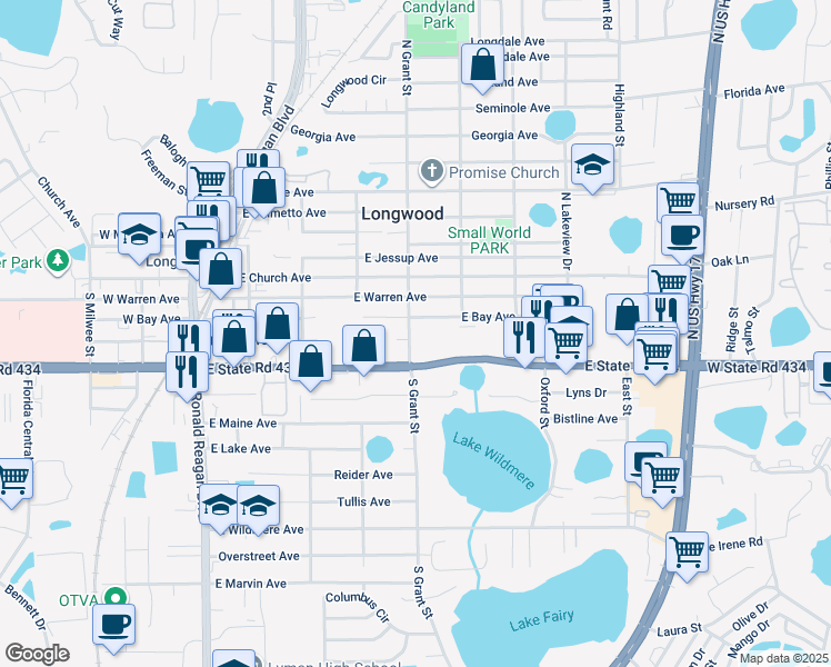 map of restaurants, bars, coffee shops, grocery stores, and more near 541 East Bay Avenue in Longwood