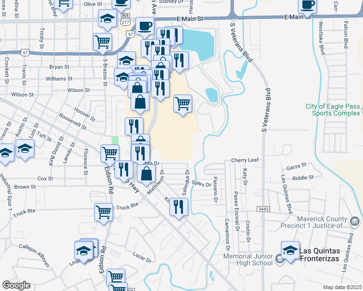 map of restaurants, bars, coffee shops, grocery stores, and more near 568 Farm-To-Market Road 375 in Eagle Pass