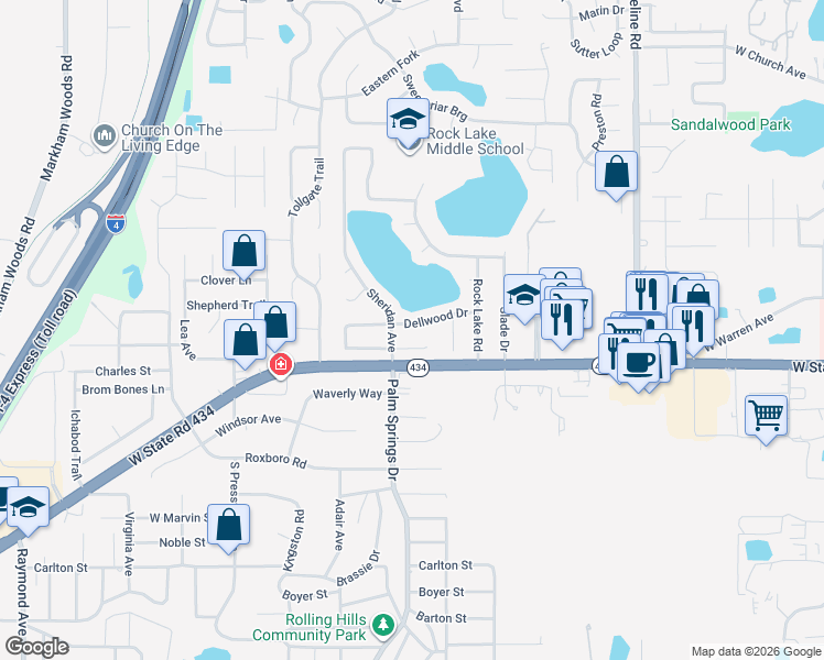map of restaurants, bars, coffee shops, grocery stores, and more near 114 Dellwood Drive in Longwood