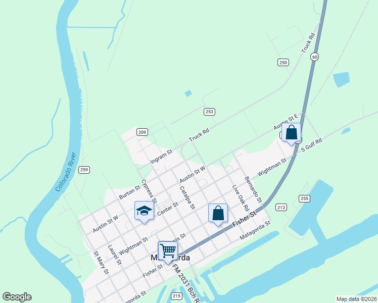 map of restaurants, bars, coffee shops, grocery stores, and more near 516 Burton Street in Matagorda