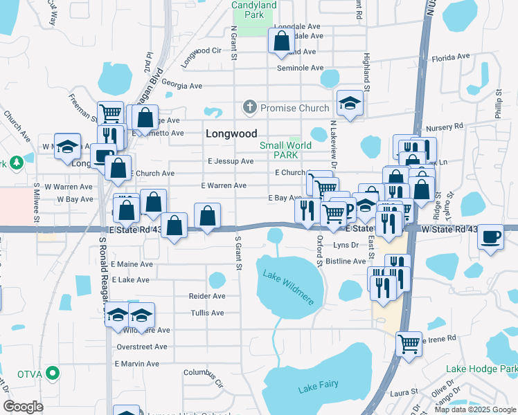 map of restaurants, bars, coffee shops, grocery stores, and more near 255 South Credo Street in Longwood