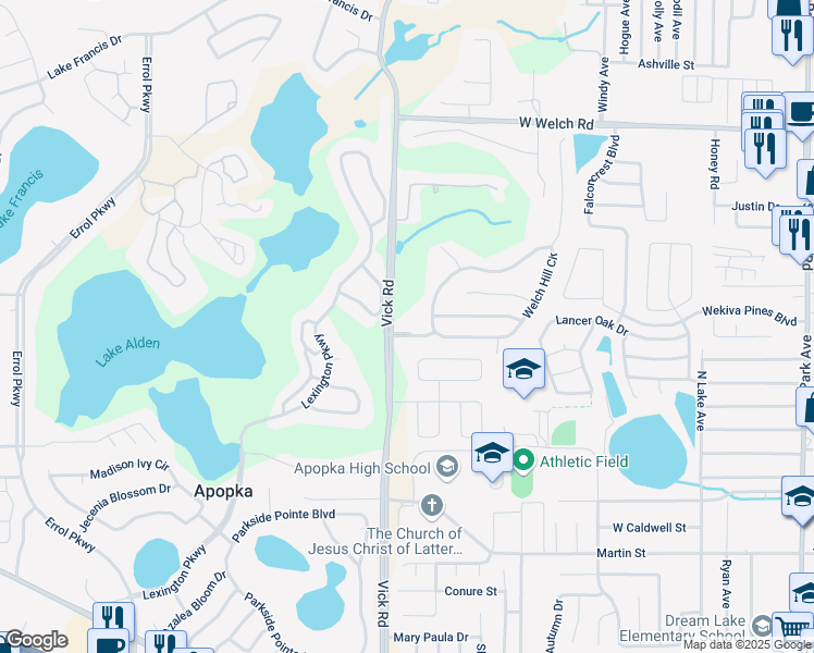 map of restaurants, bars, coffee shops, grocery stores, and more near 631 Sun Bluff Lane in Apopka