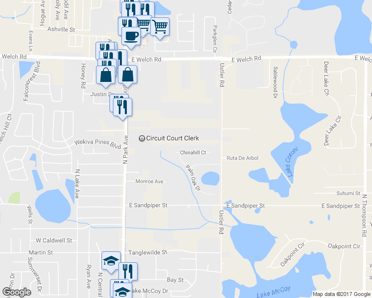 map of restaurants, bars, coffee shops, grocery stores, and more near 409 Chinahill Court in Apopka