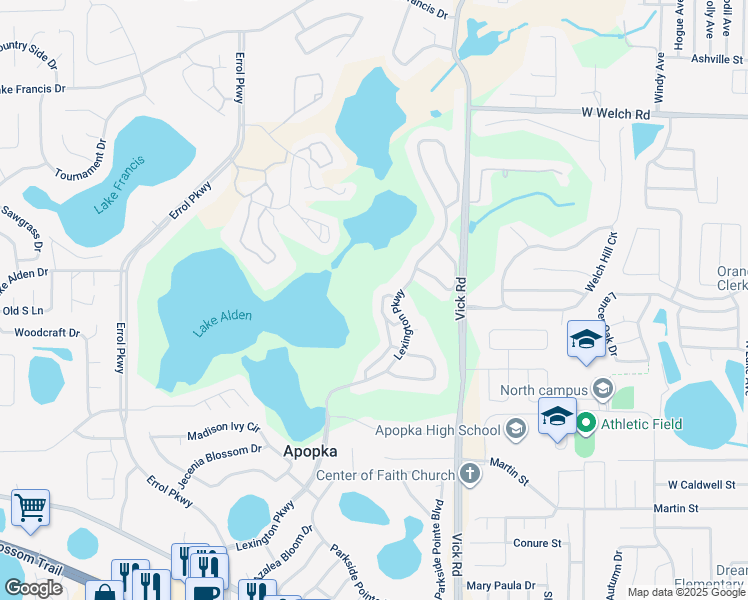 map of restaurants, bars, coffee shops, grocery stores, and more near 1040 Loch Vail in Apopka