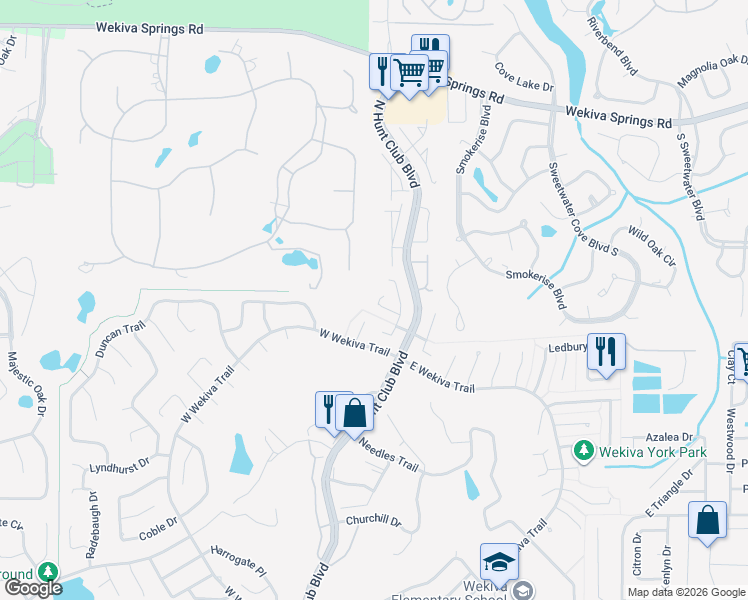 map of restaurants, bars, coffee shops, grocery stores, and more near 239 Hunters Point Trail in Longwood
