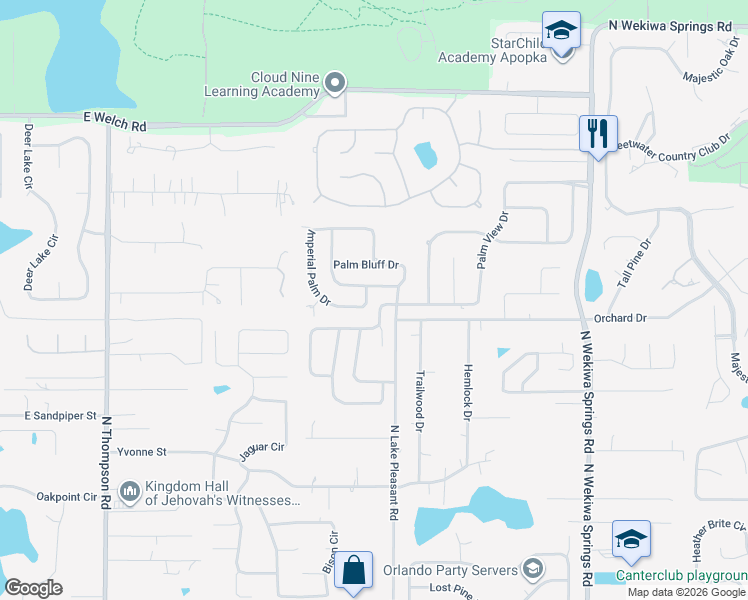 map of restaurants, bars, coffee shops, grocery stores, and more near 1710 Palm Beach Drive in Apopka