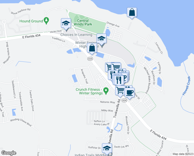 map of restaurants, bars, coffee shops, grocery stores, and more near 312 Solaris Wharf Street in Winter Springs