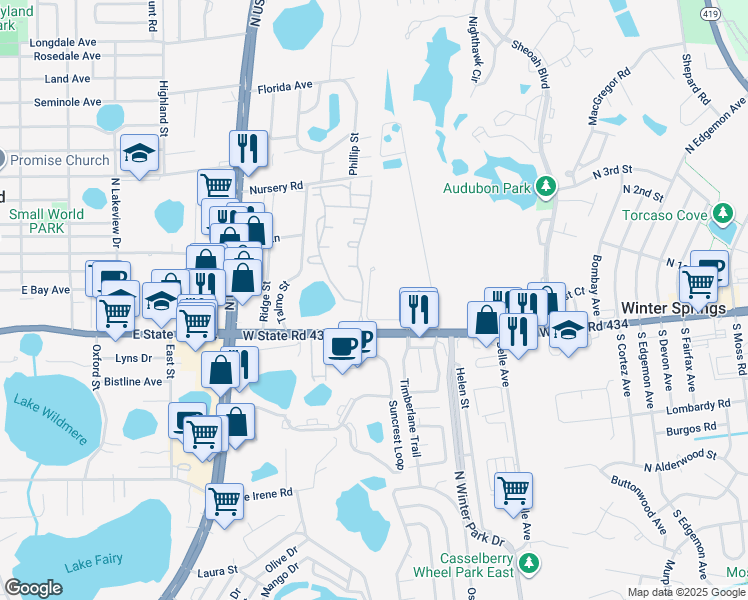map of restaurants, bars, coffee shops, grocery stores, and more near 518 Harbor Winds Court in Winter Springs