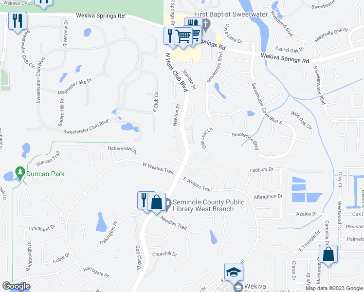 map of restaurants, bars, coffee shops, grocery stores, and more near 276 Hunters Point Trail in Longwood