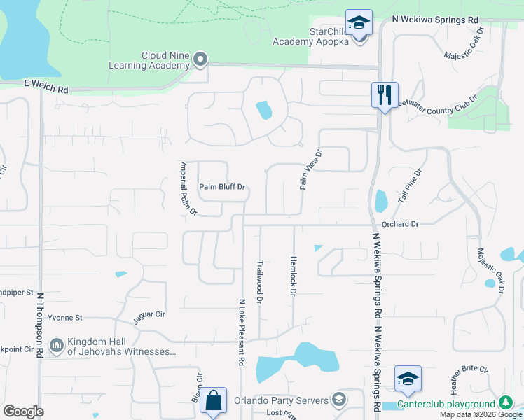 map of restaurants, bars, coffee shops, grocery stores, and more near 1201 Palm Bluff Drive in Apopka