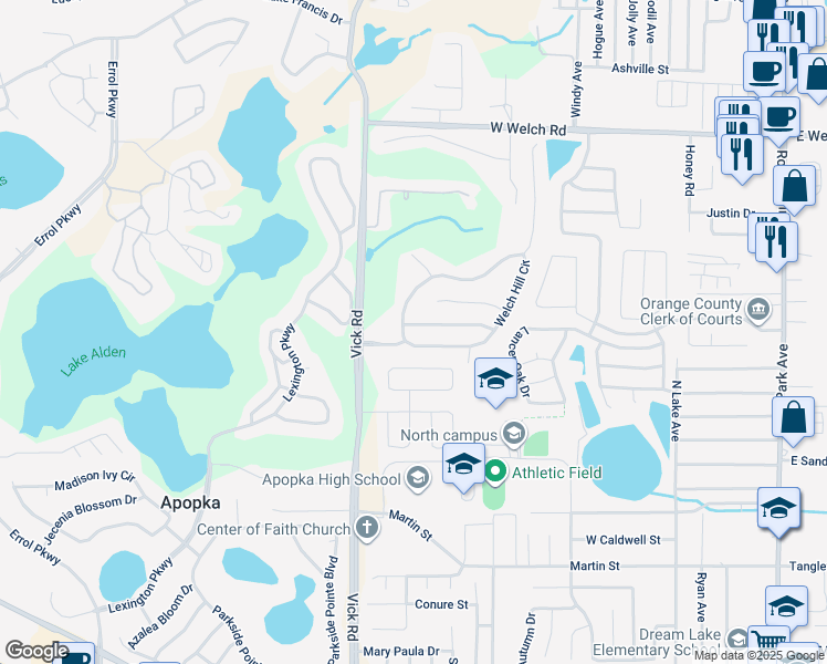 map of restaurants, bars, coffee shops, grocery stores, and more near 592 Wekiva Bluff Street in Apopka