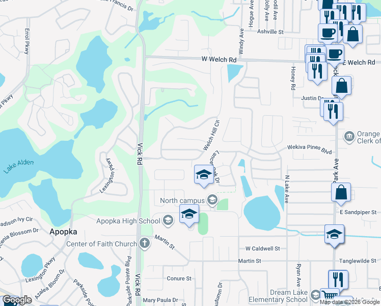 map of restaurants, bars, coffee shops, grocery stores, and more near 545 Wekiva Bluff Street in Apopka