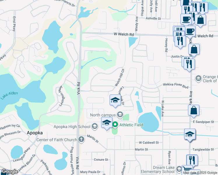 map of restaurants, bars, coffee shops, grocery stores, and more near 520 Wekiva Bluff Street in Apopka