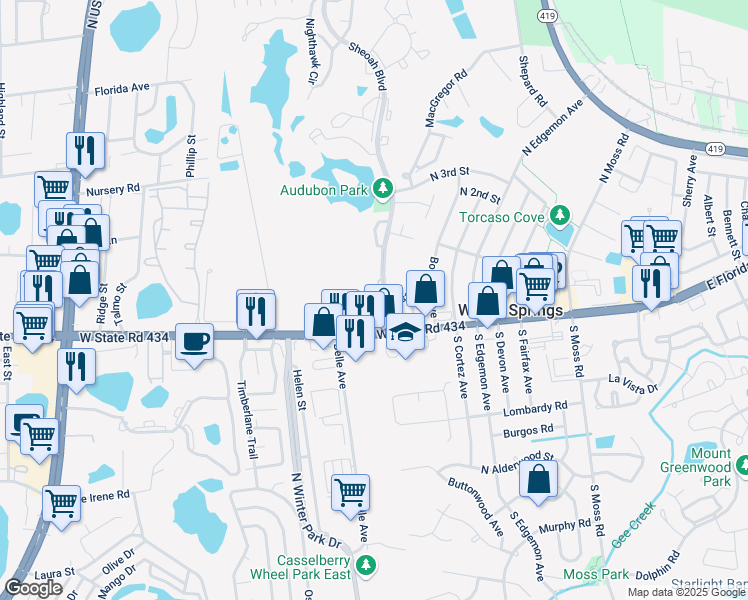 map of restaurants, bars, coffee shops, grocery stores, and more near 4031 Sheoah Boulevard in Winter Springs