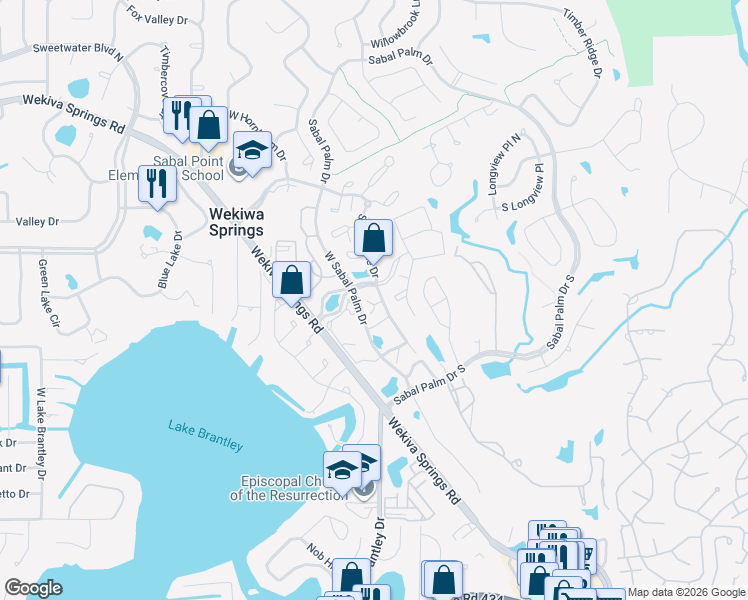 map of restaurants, bars, coffee shops, grocery stores, and more near 5304 Clubside Drive in Longwood