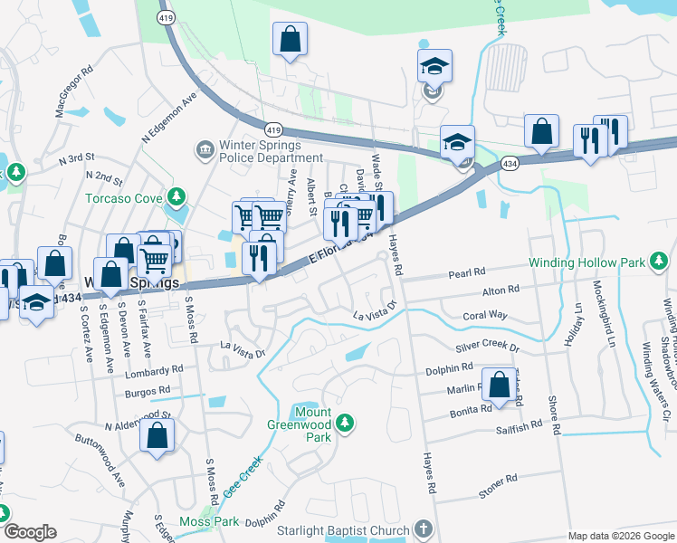 map of restaurants, bars, coffee shops, grocery stores, and more near 68 Majorca Drive in Winter Springs