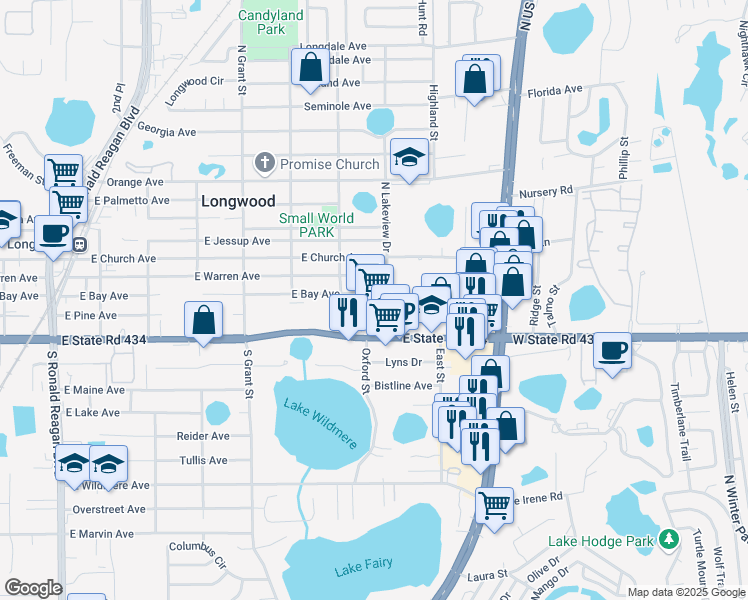 map of restaurants, bars, coffee shops, grocery stores, and more near 182 East Bay Avenue in Longwood