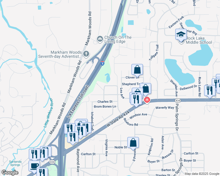 map of restaurants, bars, coffee shops, grocery stores, and more near 113 Tarry Town Trail in Longwood