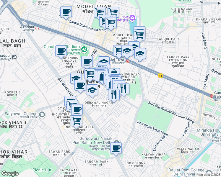 map of restaurants, bars, coffee shops, grocery stores, and more near Lala Achintaram Marg in Delhi