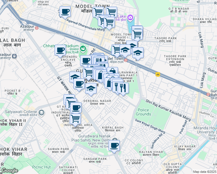 map of restaurants, bars, coffee shops, grocery stores, and more near Lala Achintaram Marg in Delhi