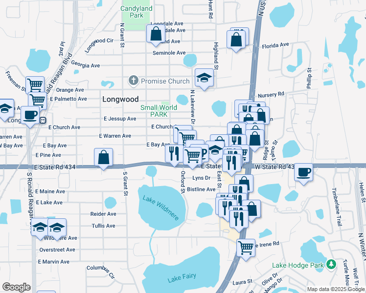 map of restaurants, bars, coffee shops, grocery stores, and more near 182 East Bay Avenue in Longwood