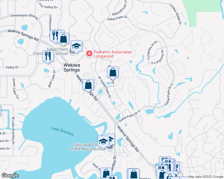 map of restaurants, bars, coffee shops, grocery stores, and more near 5304 Clubside Drive in Longwood