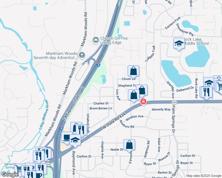 map of restaurants, bars, coffee shops, grocery stores, and more near 113 Tarry Town Trail in Longwood