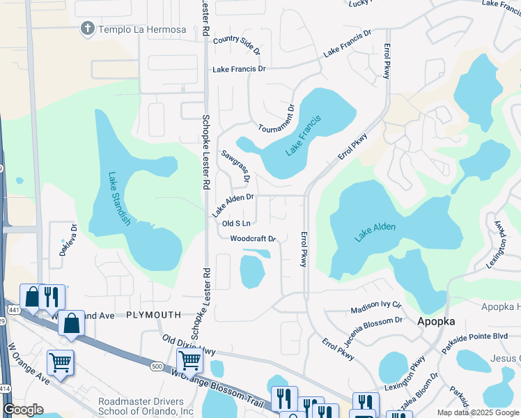 map of restaurants, bars, coffee shops, grocery stores, and more near 1057 Old South Lane in Apopka