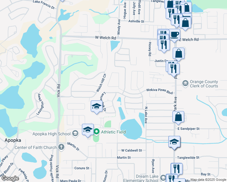 map of restaurants, bars, coffee shops, grocery stores, and more near 225 Lancer Oak Drive in Apopka