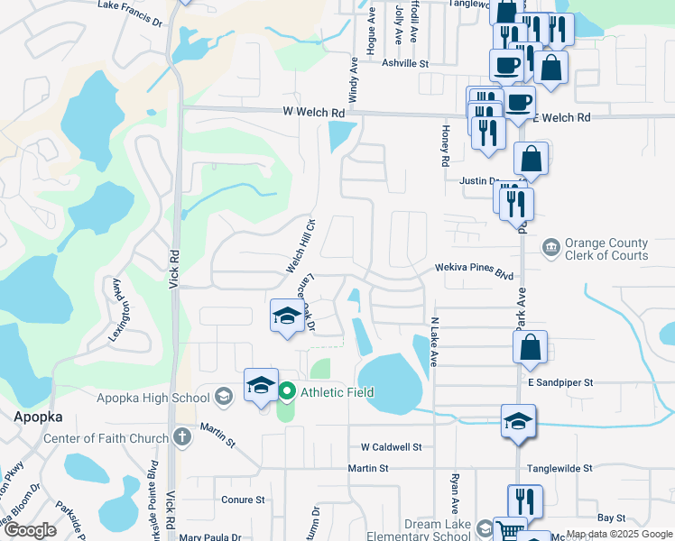map of restaurants, bars, coffee shops, grocery stores, and more near 225 Lancer Oak Drive in Apopka