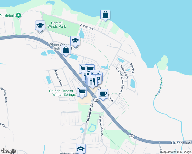 map of restaurants, bars, coffee shops, grocery stores, and more near 1401 Blumberg Boulevard in Winter Springs