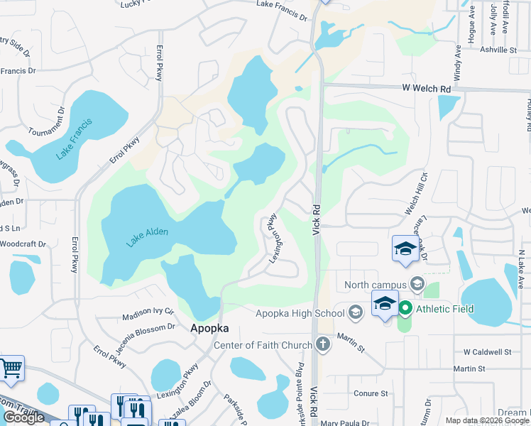 map of restaurants, bars, coffee shops, grocery stores, and more near 1050 Loch Vail in Apopka