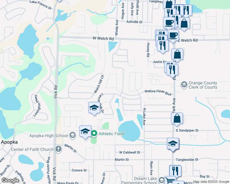 map of restaurants, bars, coffee shops, grocery stores, and more near 225 Lancer Oak Drive in Apopka