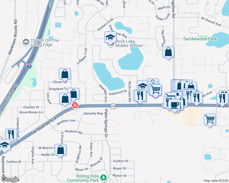 map of restaurants, bars, coffee shops, grocery stores, and more near 114 Dellwood Drive in Longwood