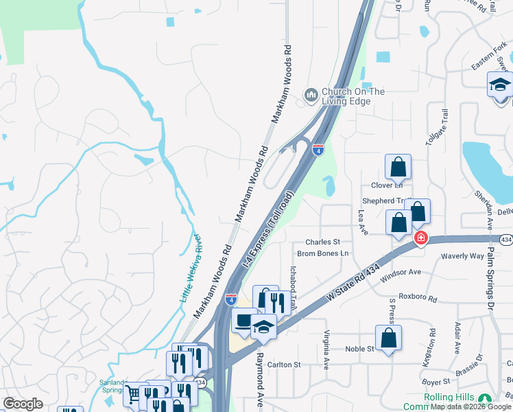 map of restaurants, bars, coffee shops, grocery stores, and more near 340 Markham Woods Road in Longwood