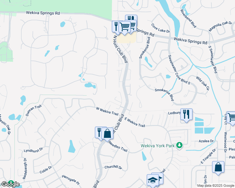 map of restaurants, bars, coffee shops, grocery stores, and more near 239 Hunters Point Trail in Longwood