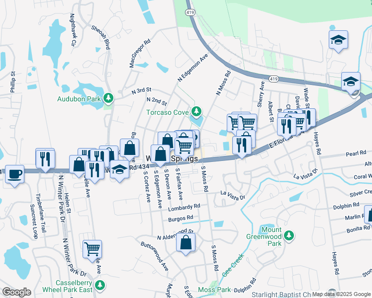 map of restaurants, bars, coffee shops, grocery stores, and more near in Winter Springs