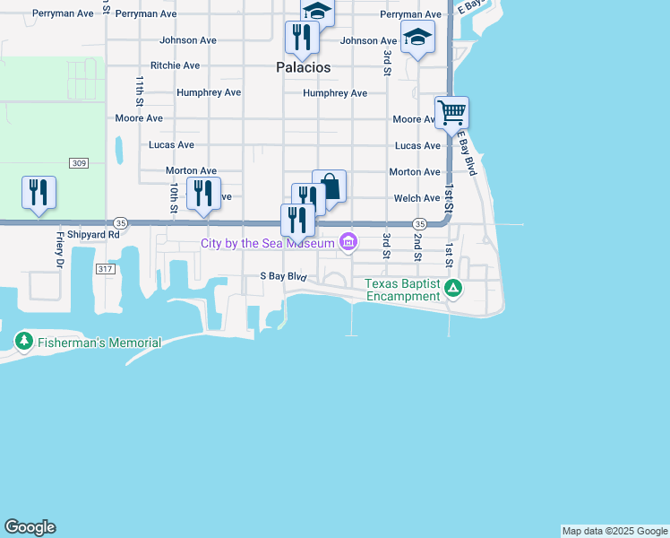 map of restaurants, bars, coffee shops, grocery stores, and more near 408 South Bay Boulevard in Palacios