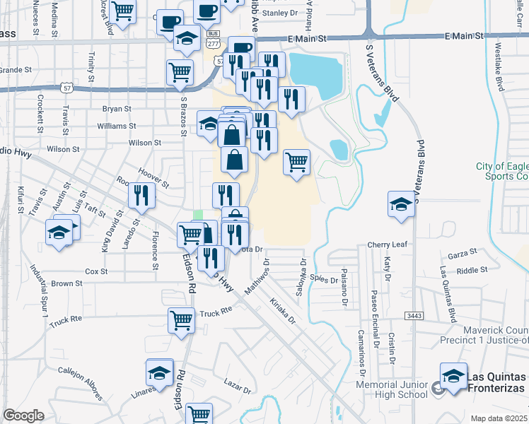 map of restaurants, bars, coffee shops, grocery stores, and more near 530 Farm-To-Market Road 375 in Eagle Pass