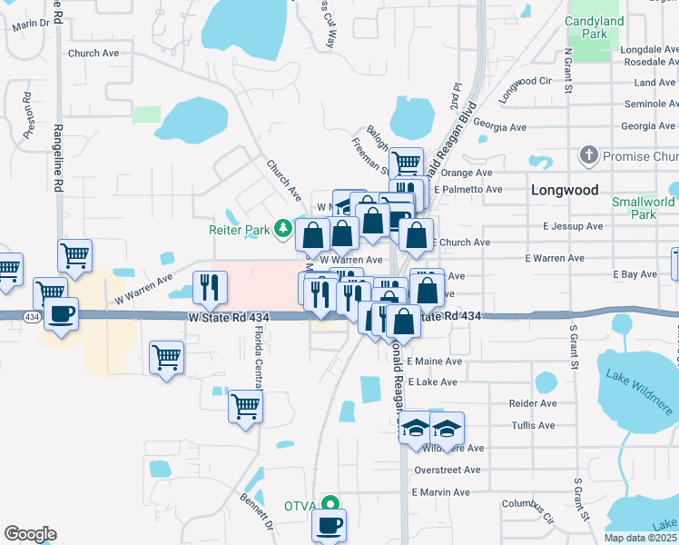 map of restaurants, bars, coffee shops, grocery stores, and more near 241 West Bay Avenue in Longwood