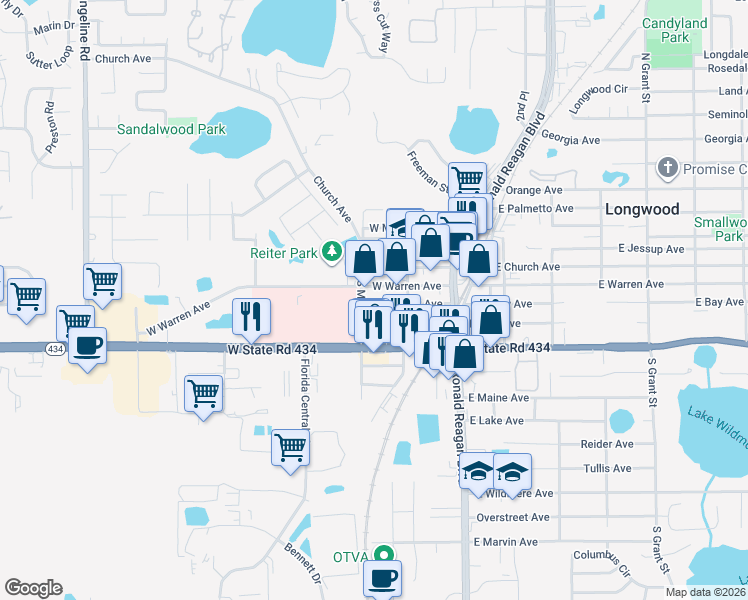 map of restaurants, bars, coffee shops, grocery stores, and more near 241 West Bay Avenue in Longwood