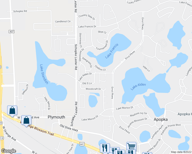 map of restaurants, bars, coffee shops, grocery stores, and more near 1065 Old South Lane in Apopka