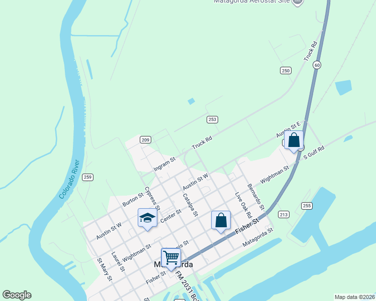 map of restaurants, bars, coffee shops, grocery stores, and more near 516 Burton Street in Matagorda