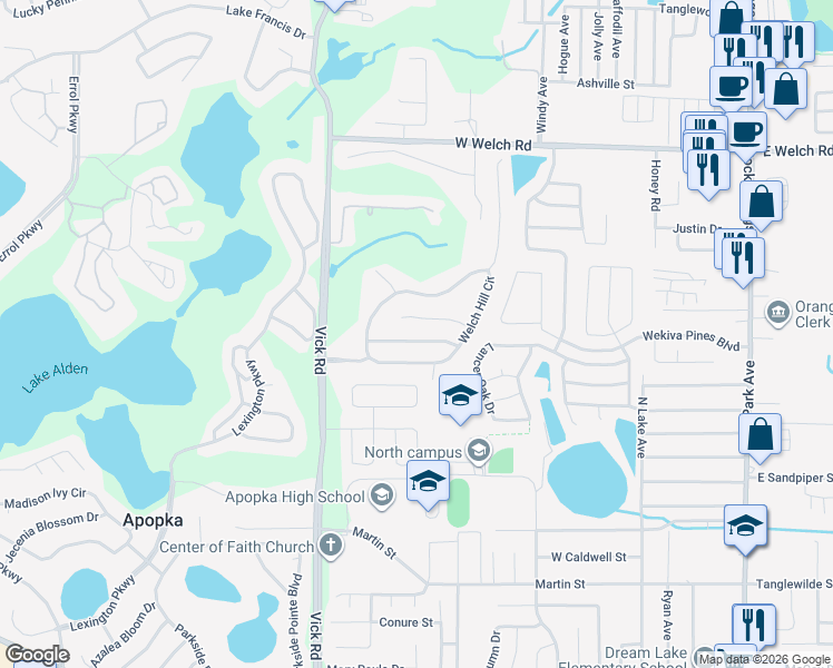 map of restaurants, bars, coffee shops, grocery stores, and more near 545 Wekiva Bluff Street in Apopka