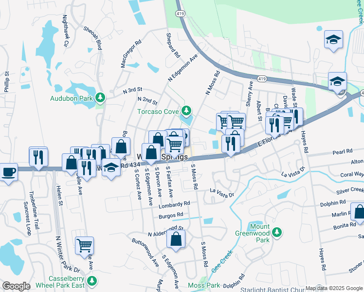 map of restaurants, bars, coffee shops, grocery stores, and more near in Winter Springs