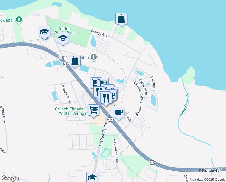 map of restaurants, bars, coffee shops, grocery stores, and more near 1300 Blumberg Boulevard in Winter Springs