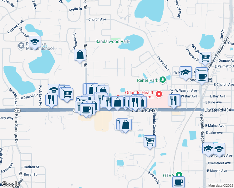 map of restaurants, bars, coffee shops, grocery stores, and more near 881 West Warren Avenue in Longwood