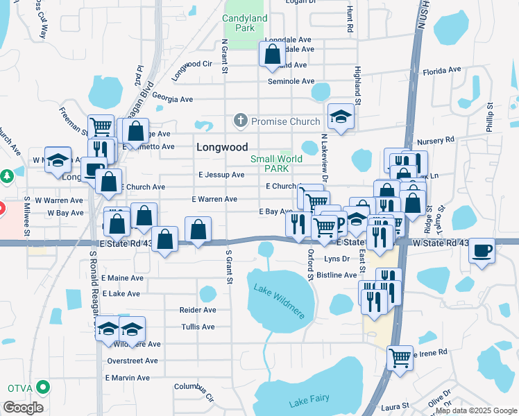 map of restaurants, bars, coffee shops, grocery stores, and more near 255 S Credo St in Longwood