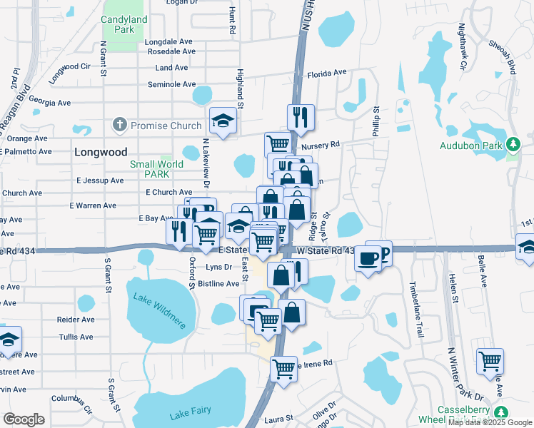 map of restaurants, bars, coffee shops, grocery stores, and more near 250 North US Highway 17 92 in Longwood