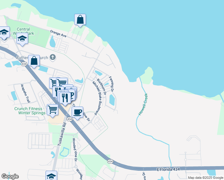 map of restaurants, bars, coffee shops, grocery stores, and more near Eagle Bay Street in Winter Springs